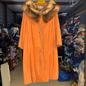 True Vintage 50s Orange Long Coat Fur Trim Collar Berger Siegel Size Medium